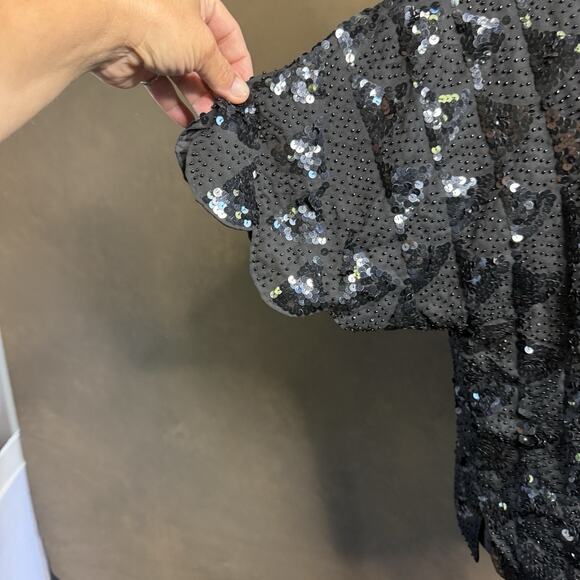 Vintage Hand Embroidered Black Sequin Beaded Top Blouse Scallop Hem Size 42 - Picture 7 of 10